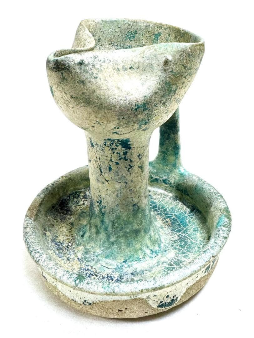 古代イラン・ペルシャ古陶 青釉銀化灯火器 箱付 古美術 古玩 骨董WWTT231