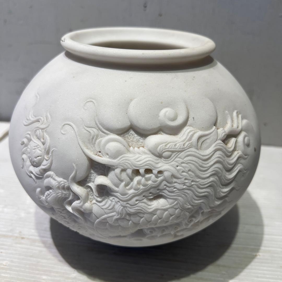 白　大理石　ドラゴン　彫刻　オブジェ　花器　壺　インテリア　希少