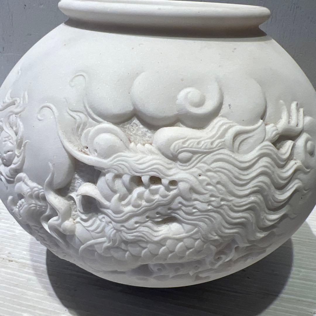 白　大理石　ドラゴン　彫刻　オブジェ　花器　壺　インテリア　希少