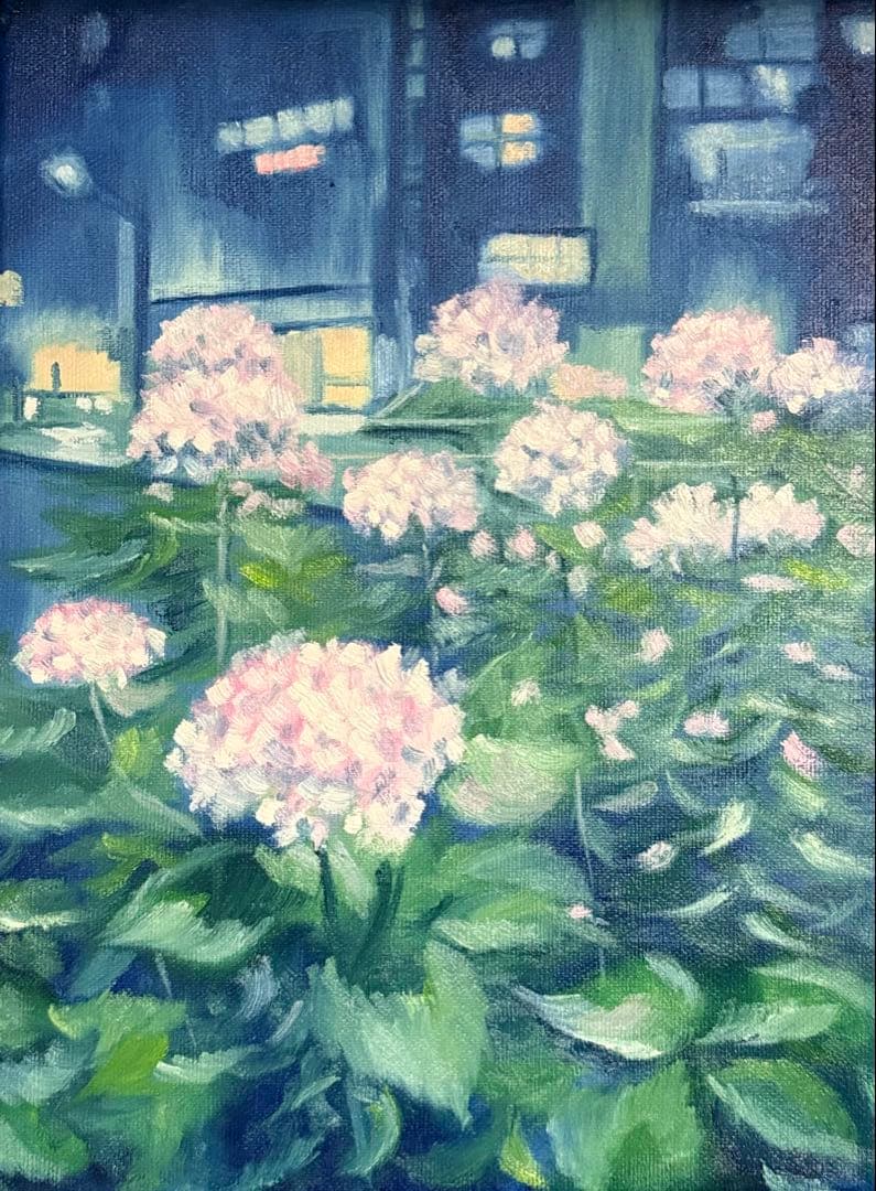 「夜のアジサイ」　手描き　油絵　風景画　原画　油彩画　紫陽花
