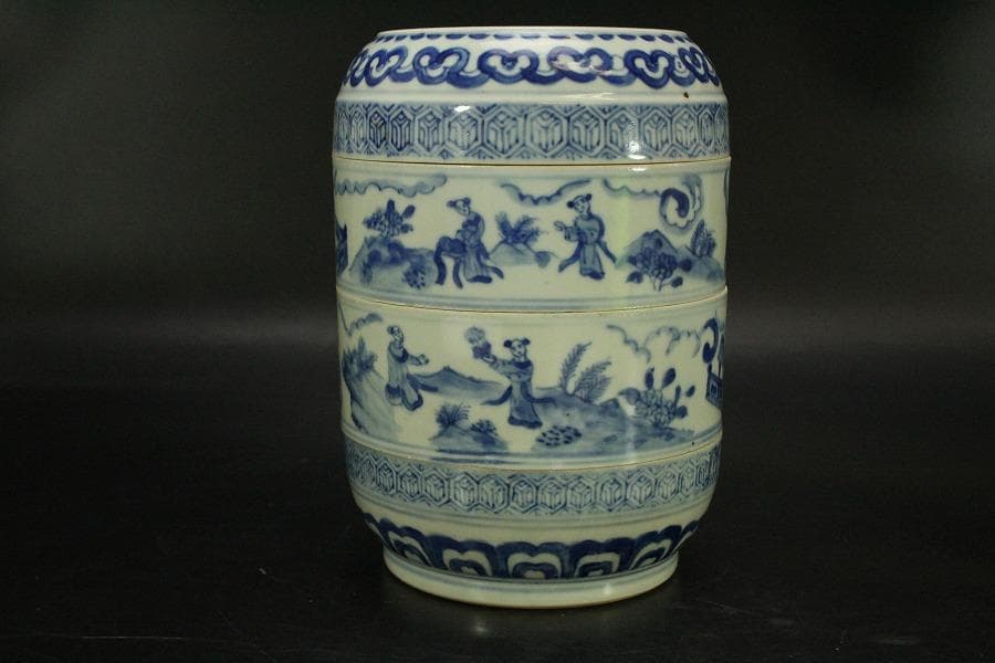 中国美術 青花 人物画 丸段重(LC827)