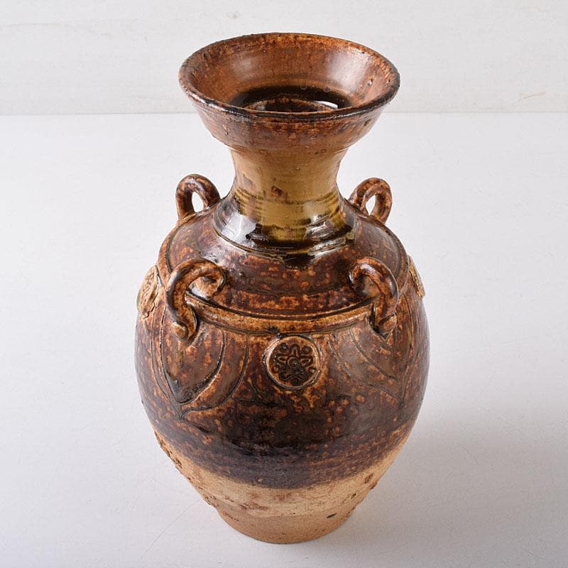 中国　遼褐釉　花文　四耳碗口壷　V　R8153