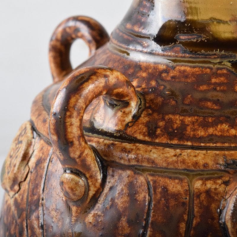 中国　遼褐釉　花文　四耳碗口壷　V　R8153