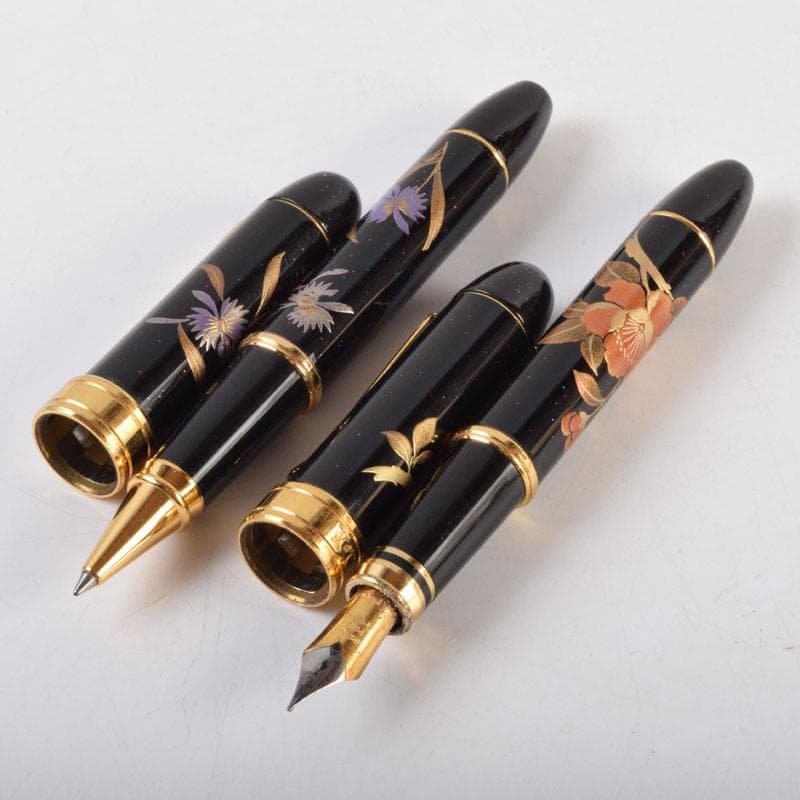 漆塗　花草蒔絵　万年筆　ボールペン　2点まとめて　V　9024
