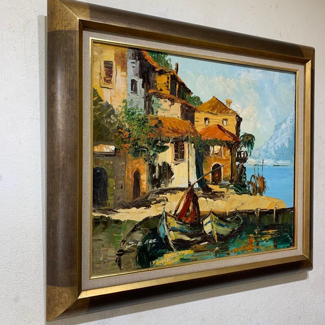 絵画　油彩肉筆画　海外作家『イタリア港風景』F10 高級額装