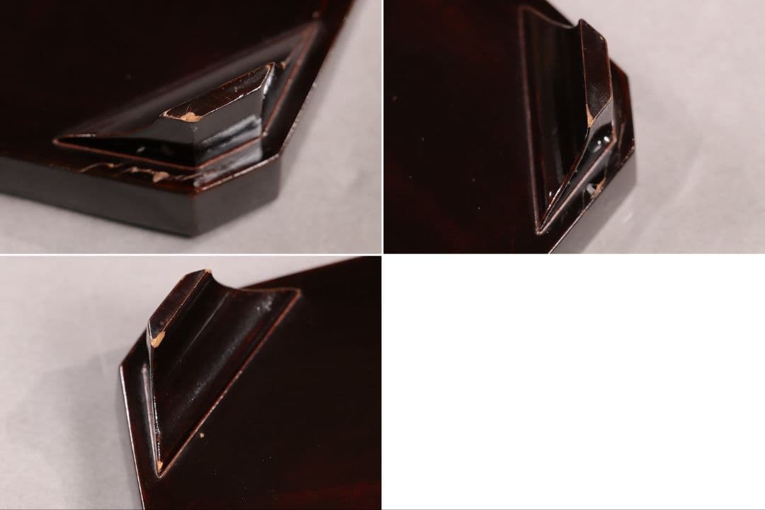 CH74 時代木製漆器 花鳥金蒔絵 黒塗吸物膳 五客 足付 隅切四方膳 盆 梨地