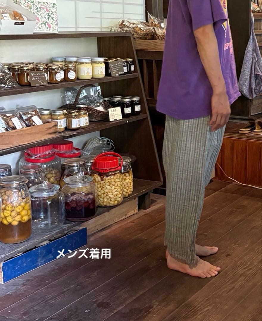 緑とグレー黄色のストライプ　JAPANリネン100% 柔らかい洗いざらしもんぺ