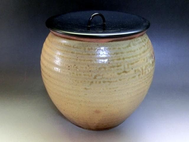 水指■丹波焼き 塩壷型【祥公造】漆器の蓋 塗蓋 桐共箱 お茶道具 時代物 骨董■