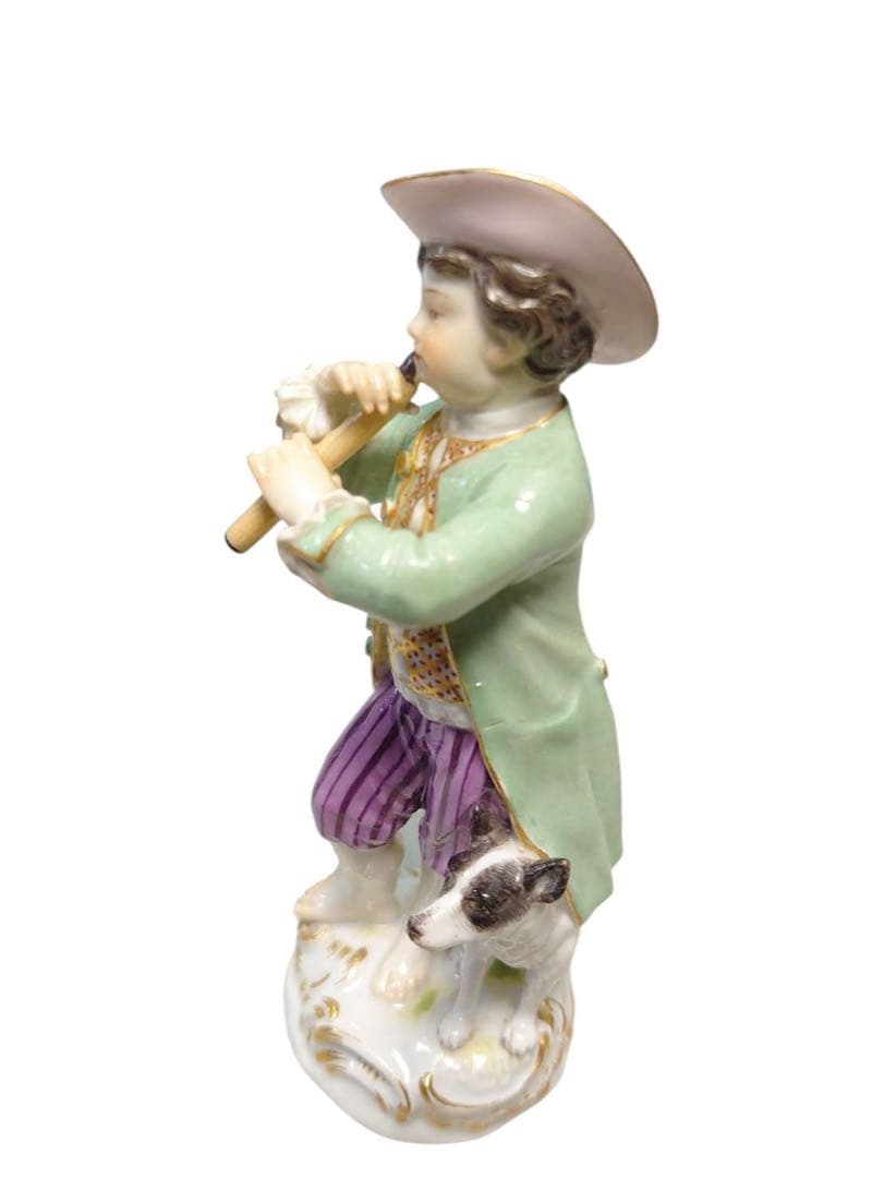 美品　マイセン　フィギュリン　笛吹き少年と犬