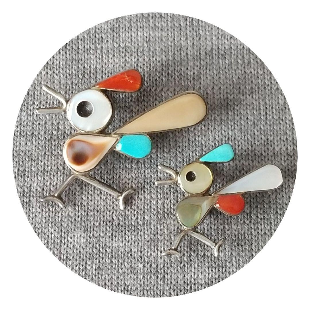 インディアンジュエリー ズニ族 インレイ バード ブローチ 2個セット レア