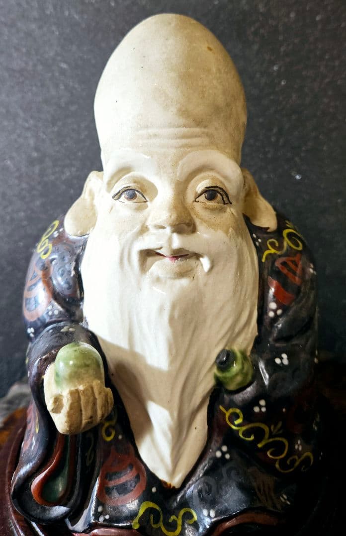 【時代古作品❗】京焼　褐色釉鉄釉色絵付 宝珠紋図柄　纏い　寿老人　唐木製台座付き