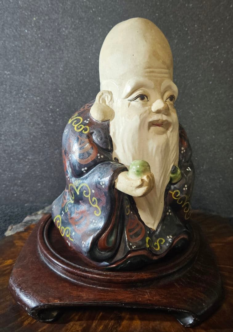 【時代古作品❗】京焼　褐色釉鉄釉色絵付 宝珠紋図柄　纏い　寿老人　唐木製台座付き