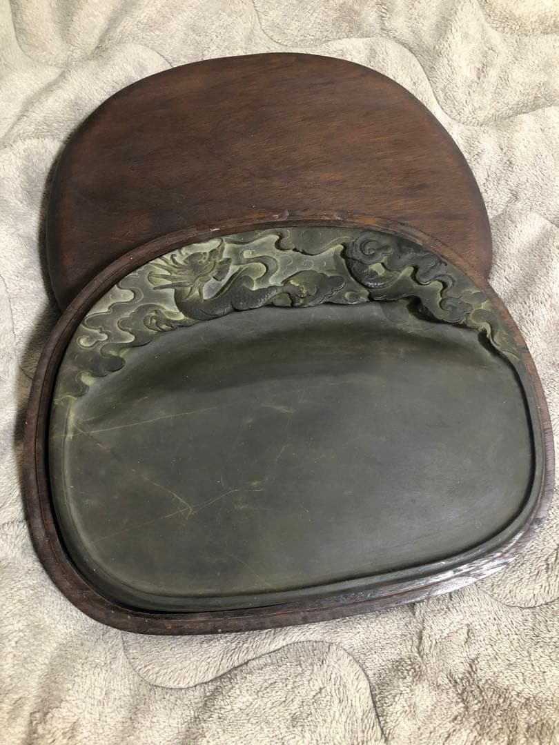 端渓硯 ◆老坑水巖・氷紋 青花・胭脂暈・金綫の極美石◆旧坑◆唐木箱◆10吋大型硯