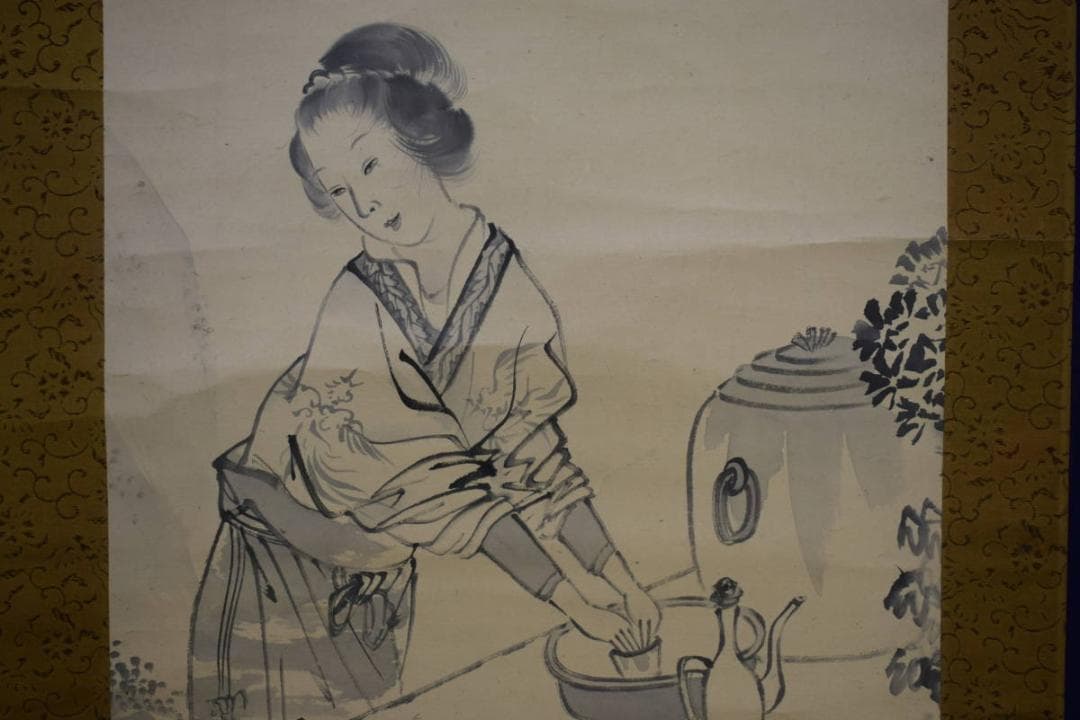 真作/古市金峨/唐美人図/絹表装/布袋屋掛軸HF-234