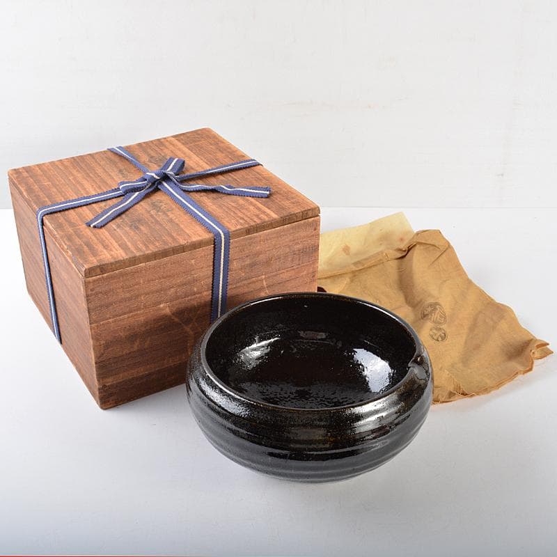 芳幽軒　加藤石春作　黒楽　菓子器　共布共箱　M　R5391