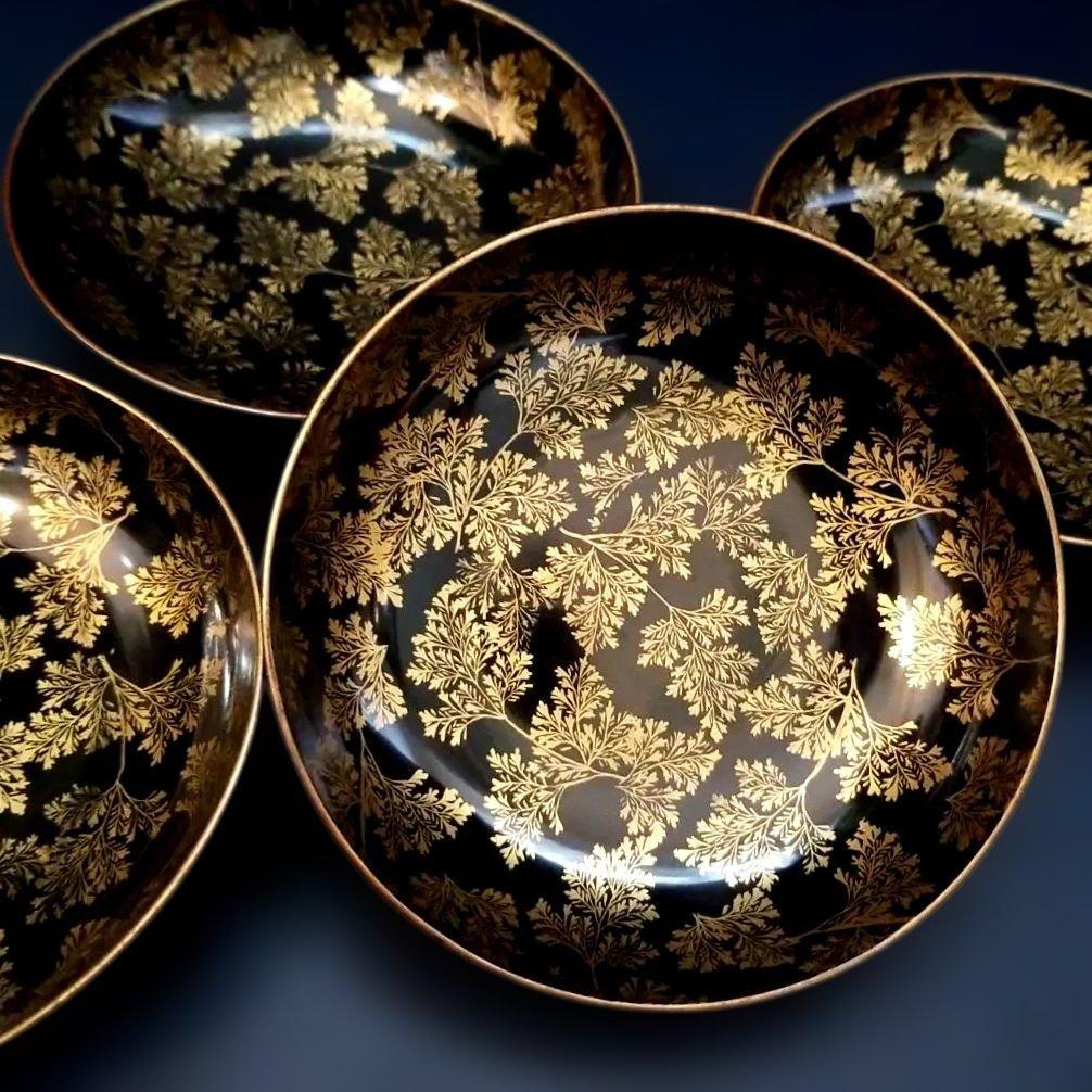 時代輪島塗 黒漆 シダ金蒔絵 小皿 銘々皿 4枚