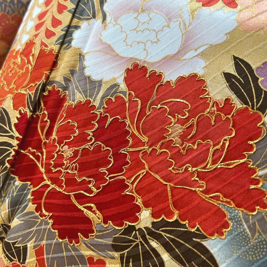 423 振袖フルセット 正絹 緑 グリーン 茶 金彩 駒刺繍 暈し染め