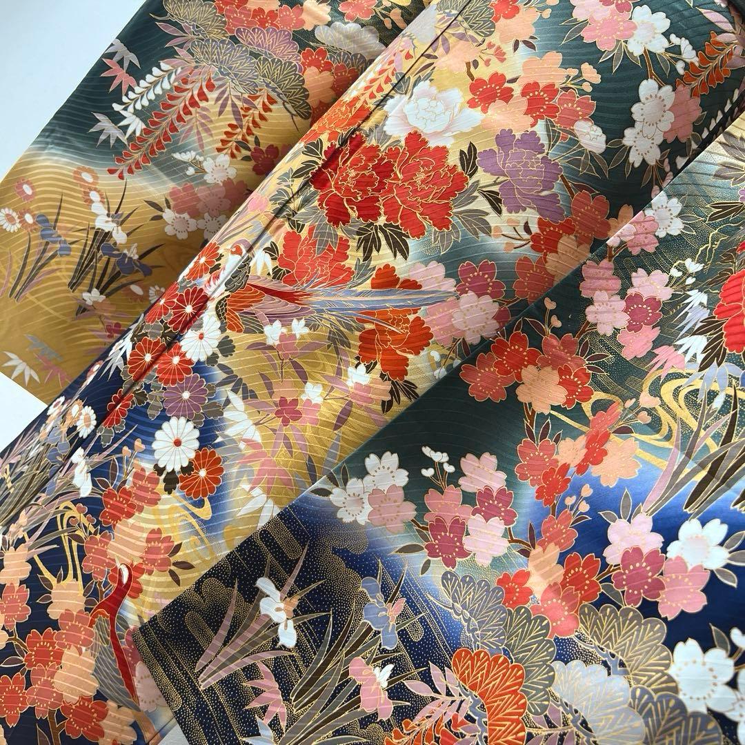 423 振袖フルセット 正絹 緑 グリーン 茶 金彩 駒刺繍 暈し染め