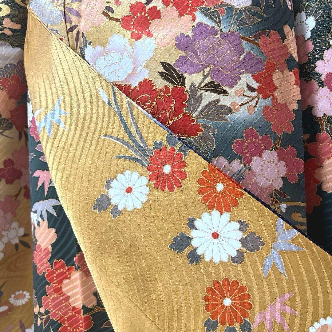 423 振袖フルセット 正絹 緑 グリーン 茶 金彩 駒刺繍 暈し染め