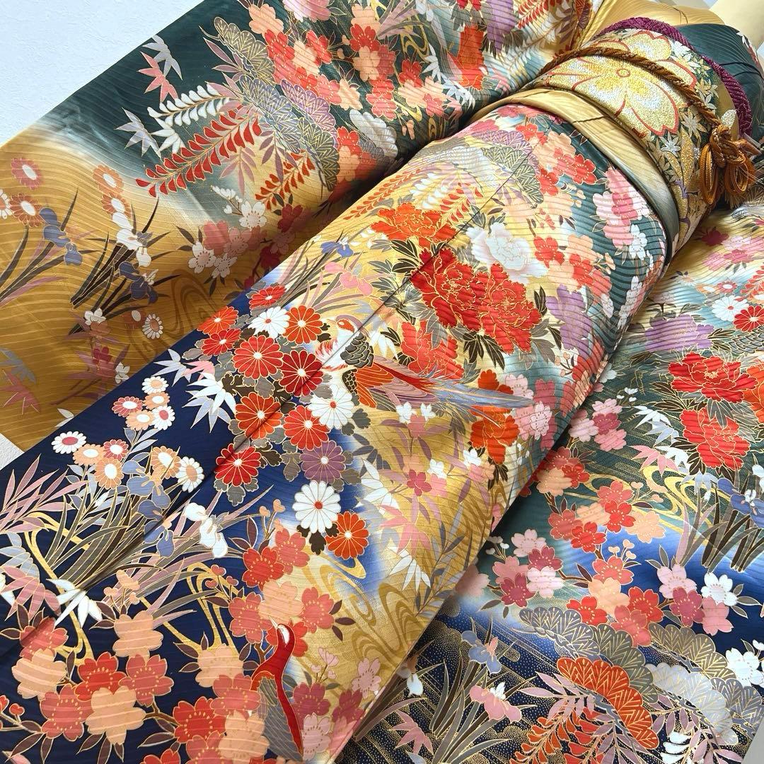 423 振袖フルセット 正絹 緑 グリーン 茶 金彩 駒刺繍 暈し染め