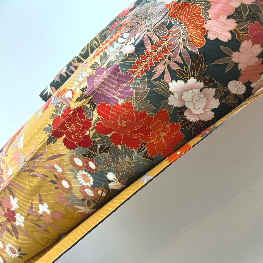 423 振袖フルセット 正絹 緑 グリーン 茶 金彩 駒刺繍 暈し染め