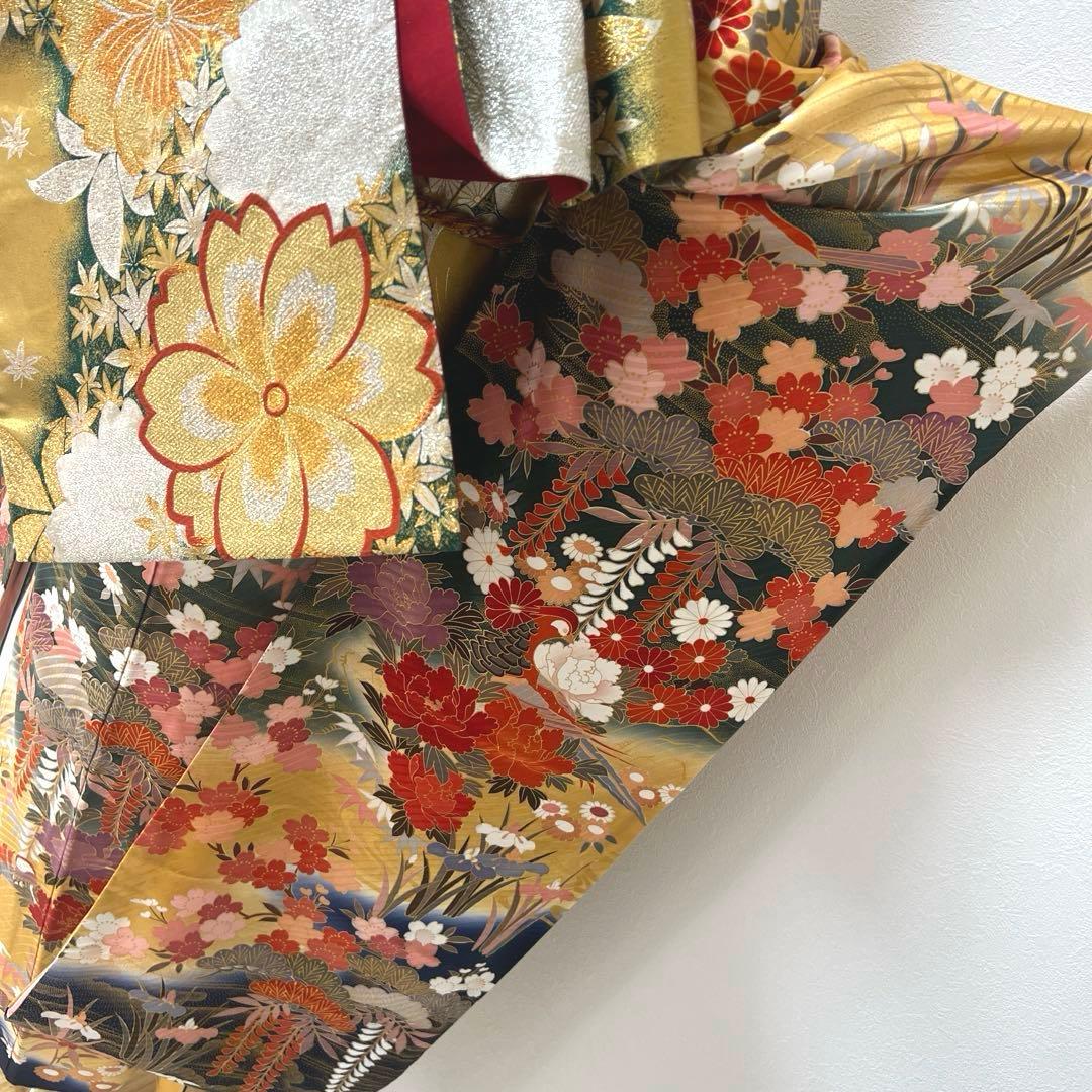 423 振袖フルセット 正絹 緑 グリーン 茶 金彩 駒刺繍 暈し染め
