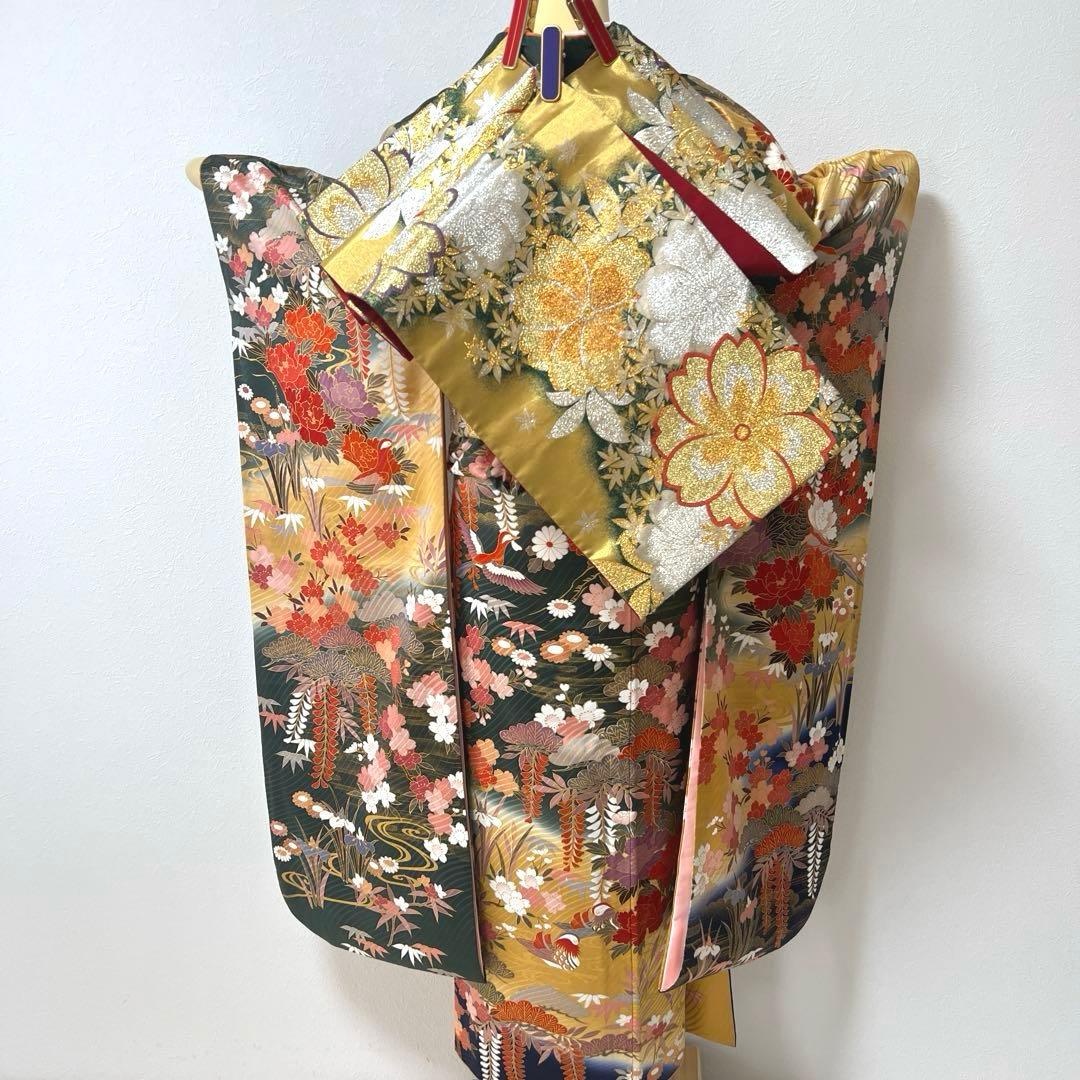 423 振袖フルセット 正絹 緑 グリーン 茶 金彩 駒刺繍 暈し染め
