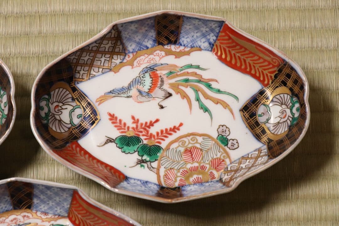 【CM53】古伊万里 桐鳳凰図 変形 刺身皿 五客 鶴 金彩 錦手 菱形 向付