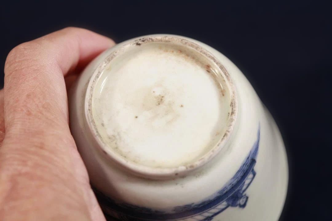 503　古伊万里染付江戸期帆掛和舟図猪口　無傷美品　江戸中期