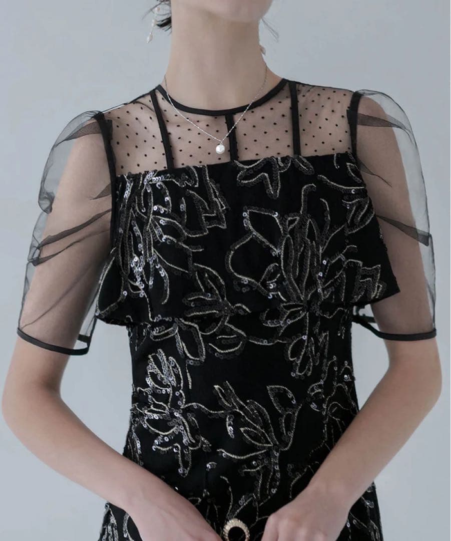 LEJA ドットチュールフラワースパンコールIラインワンピースドレス ブラックM