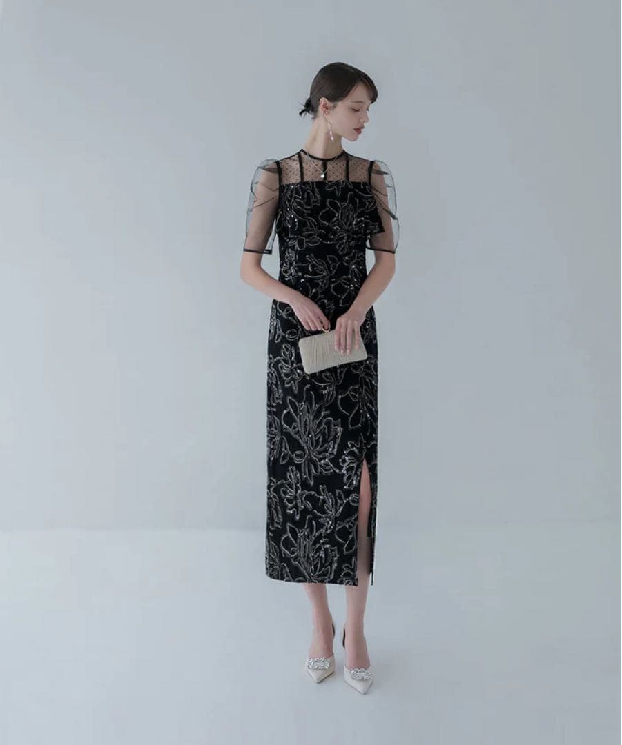 LEJA ドットチュールフラワースパンコールIラインワンピースドレス ブラックM