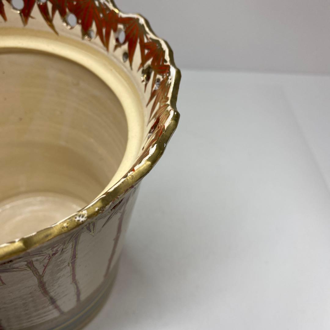 佐久間芳丘　出来良　朱竹絵水指　共箱　高さ18.2㎝ 東Y7-0115☆2F