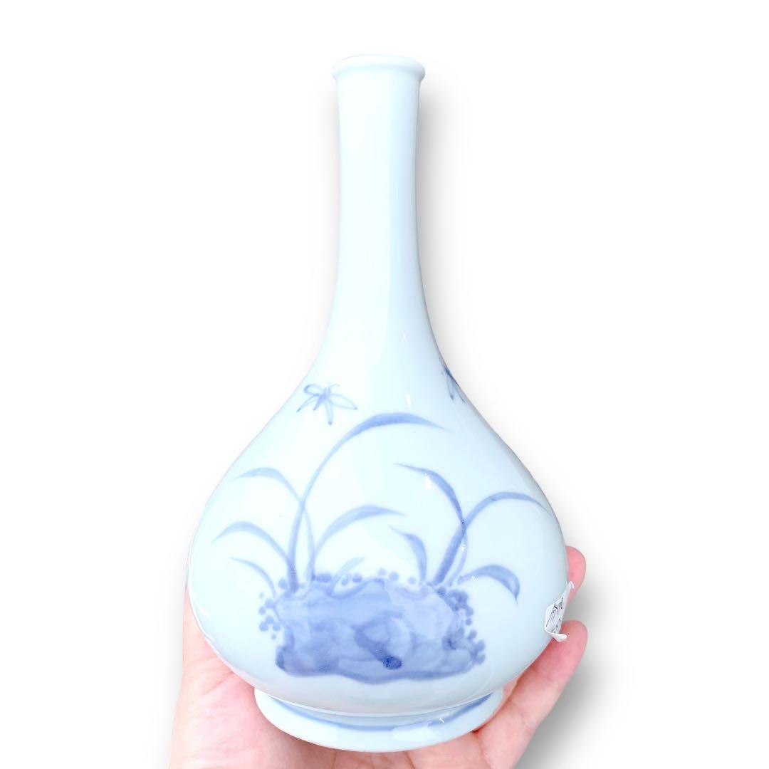 李朝 染付 染め付け 花瓶 一輪挿し トンボ 蜻蛉 朝鮮 骨董 美術 岩 草