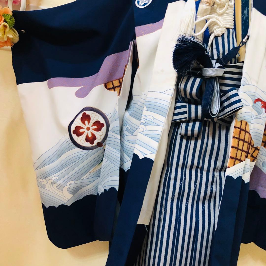 七五三　男の子‼️祝着・羽織・袴セット　鷹扇子波花文金彩⭐︎完全フルセット