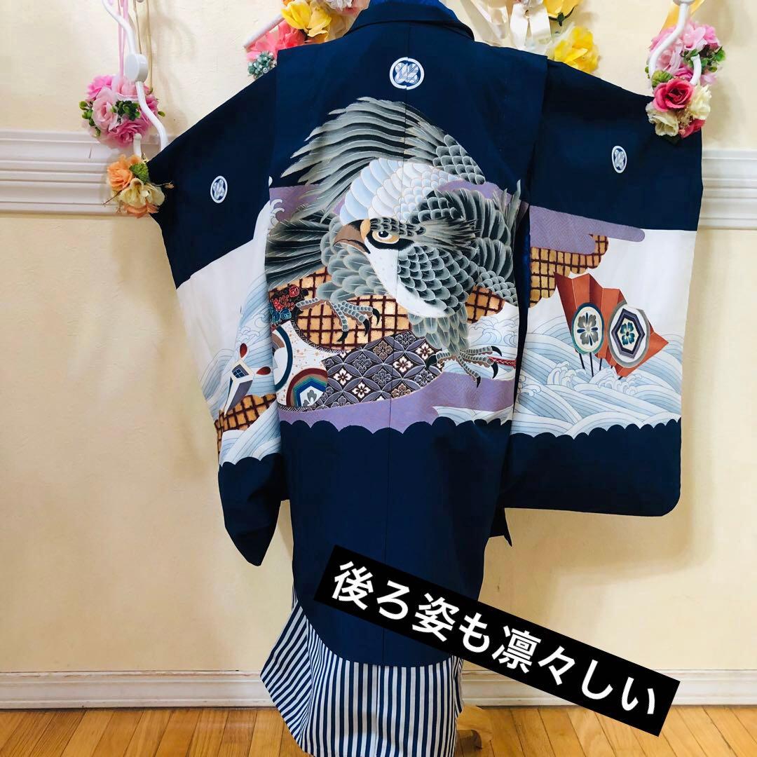 七五三　男の子‼️祝着・羽織・袴セット　鷹扇子波花文金彩⭐︎完全フルセット