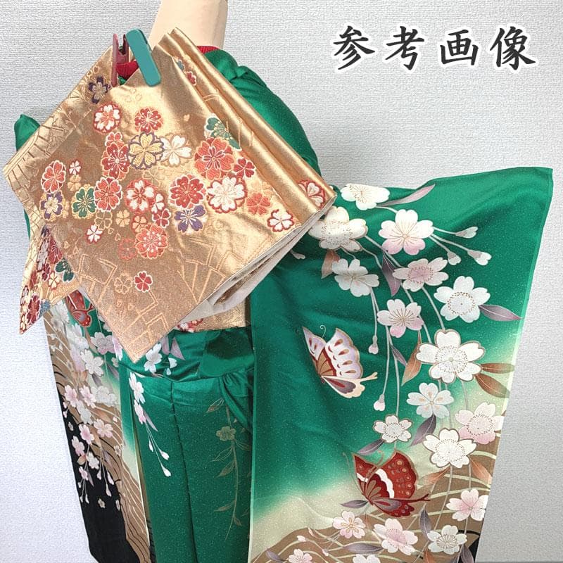 508z16〇仮絵羽 振袖 金彩 蝶々 桜 明るい緑〇美品 成人式 結婚式