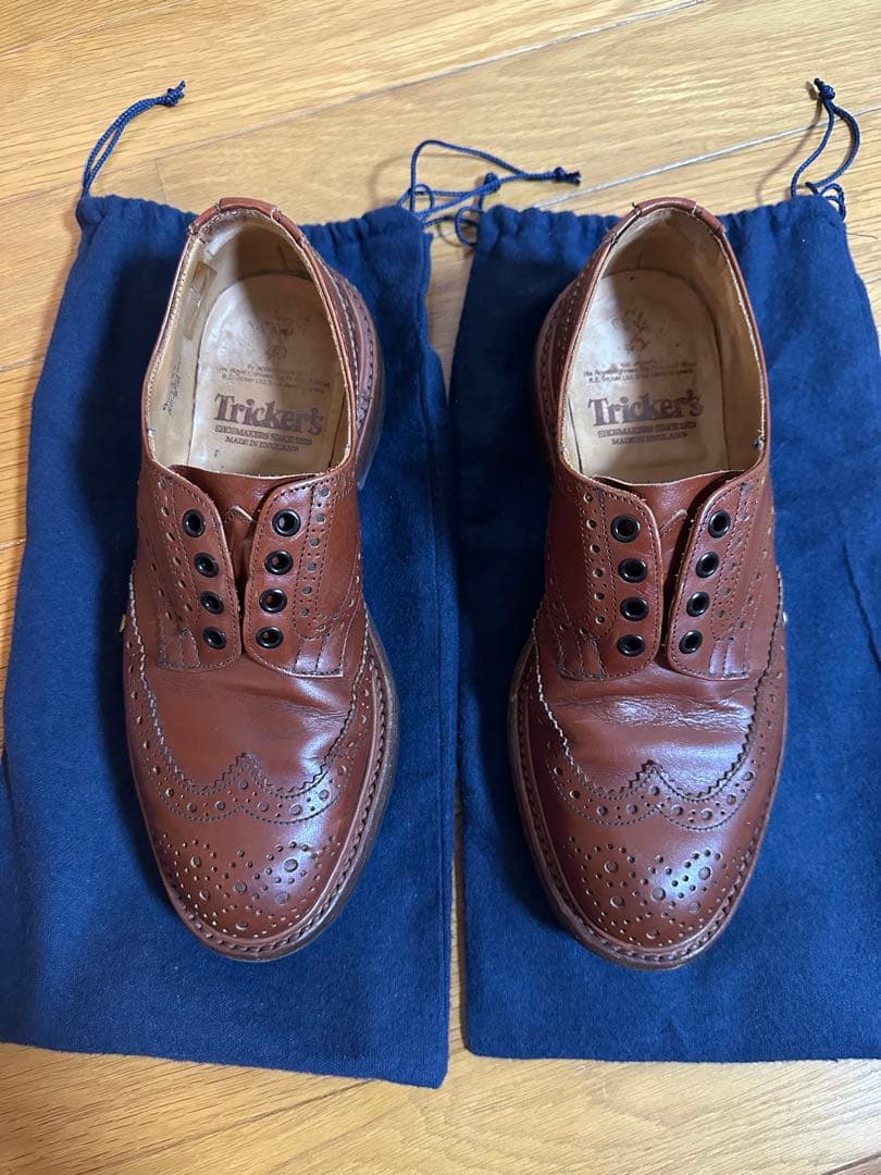 【中古|紐なし】Tricker's ブラウン ウィングチップ レザーシューズ
