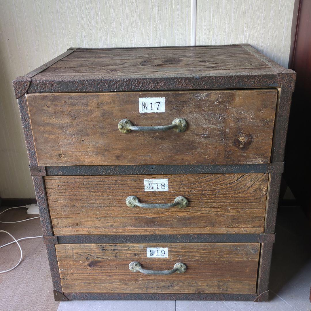 インダストリアル古材木製アイアン3段引き出しチェスト