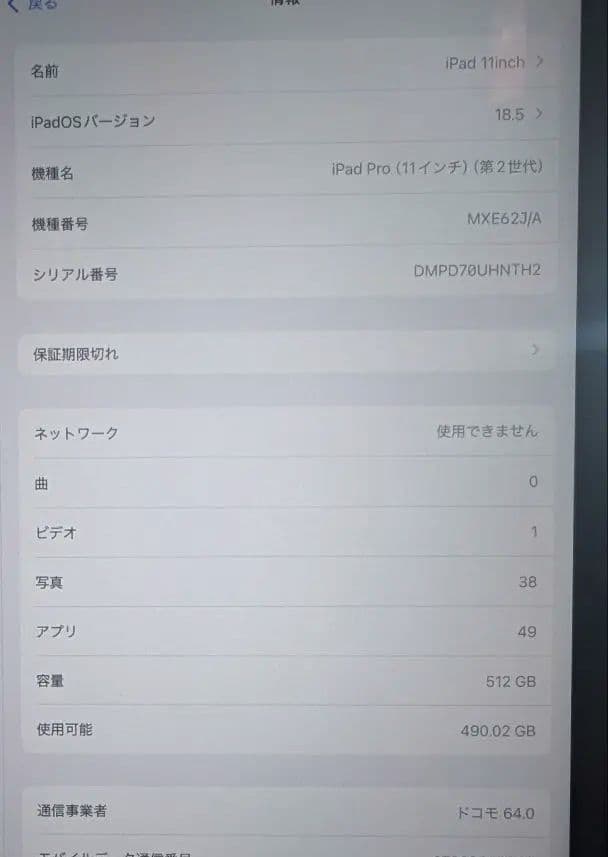 iPad Pro 11インチ 第2世代512GB SIMフリー Cellular