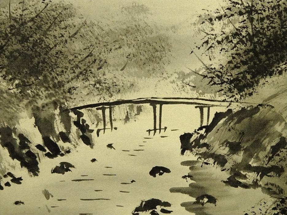 掛軸 翆雪『水墨山水』横書き 絹本 肉筆 共箱 掛け軸 g060220