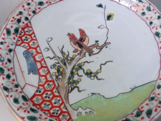 皿■古い赤絵 鳥紋 春 花弁型 春 箱付き 古玩 花唐草 時代物 骨董品■