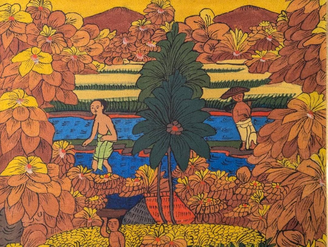 【真作】絵画　技法不明　楽園の情景　鮮やかな色彩で描かれた自然と人々　V121