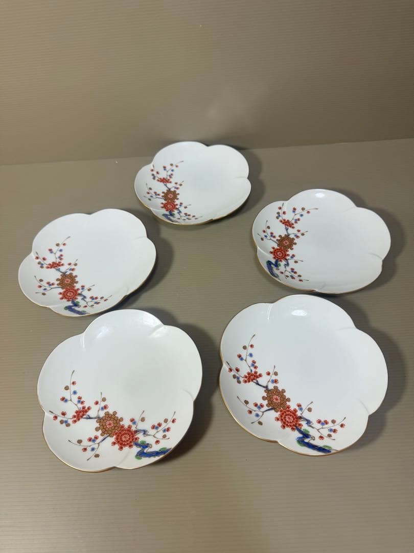 2186 深川製磁　梅文　花型皿　5客　金彩　未使用