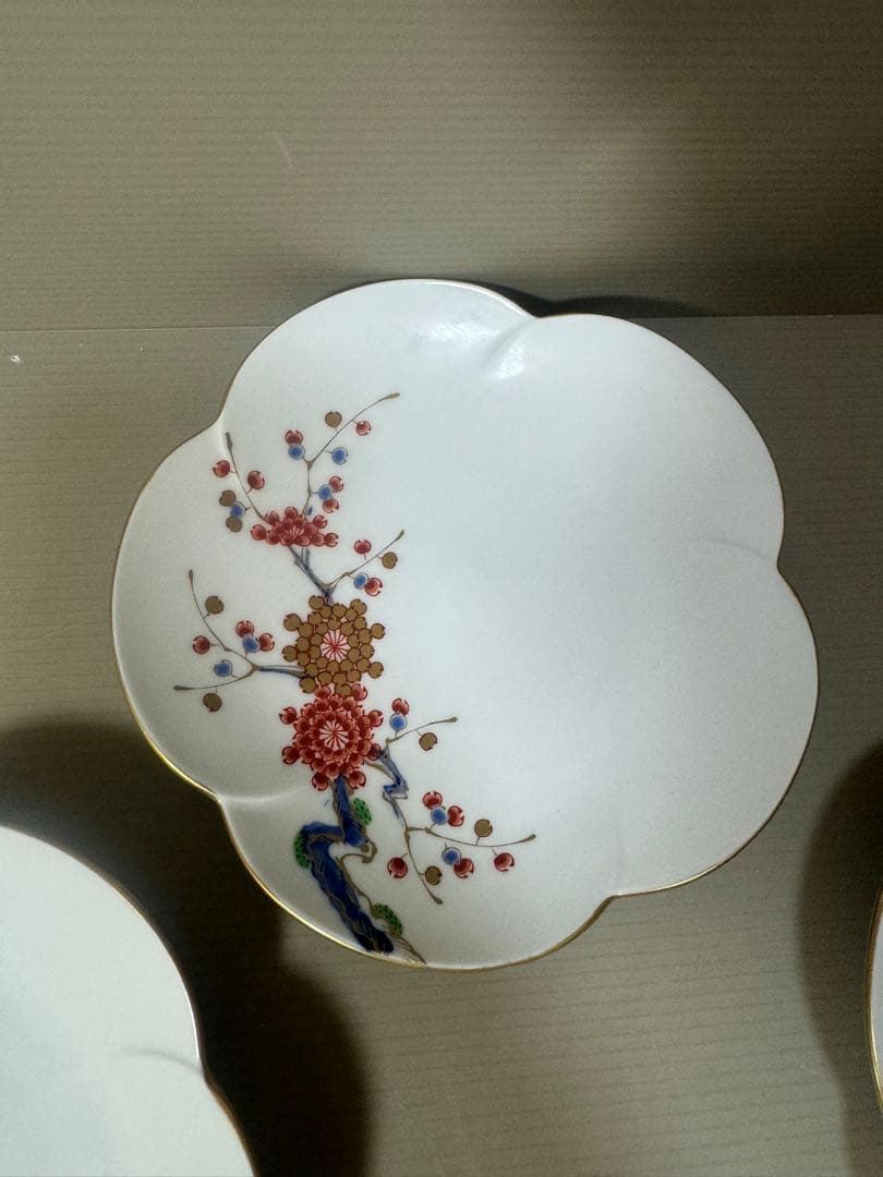 2186 深川製磁　梅文　花型皿　5客　金彩　未使用