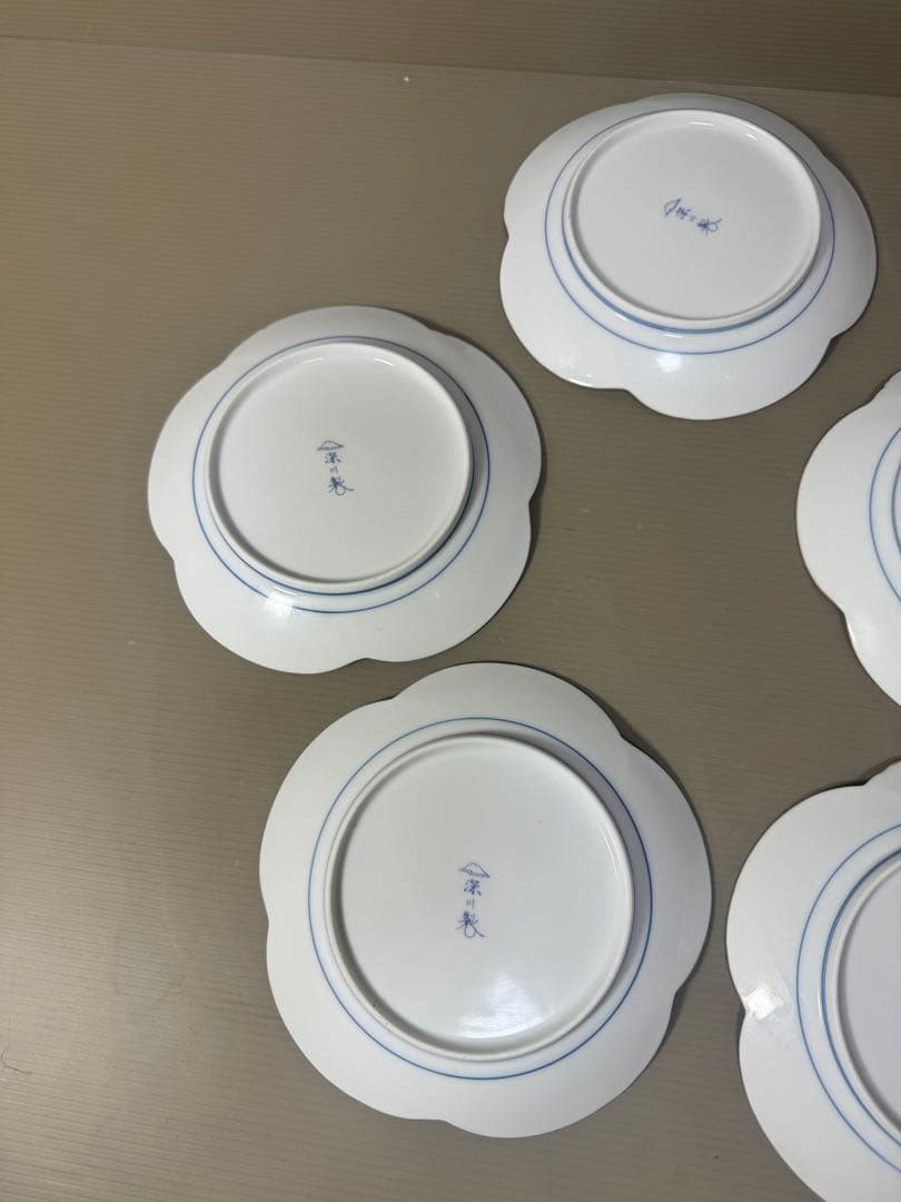 2186 深川製磁　梅文　花型皿　5客　金彩　未使用