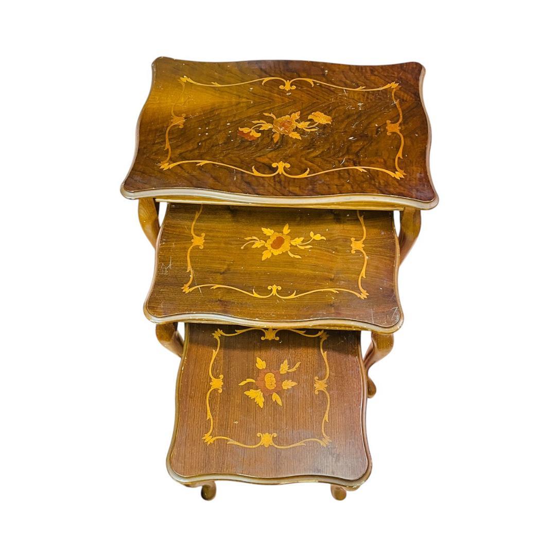 象嵌入り　ネストテーブルセット アンティーク　猫脚　3台