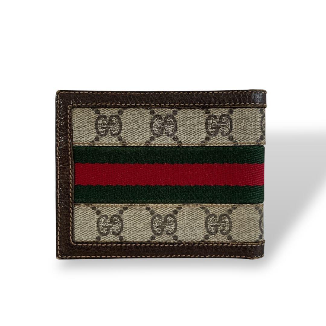 グッチ　二つ折り財布　お札入れ　シェリーライン　GGスプリーム　ベージュ　PVC