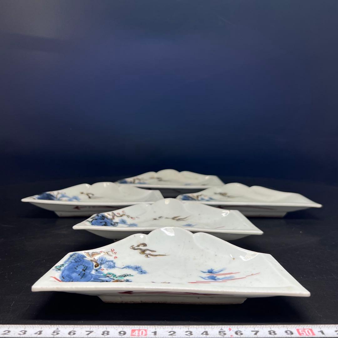 江戸初期　古九谷　富士型向付5枚　木箱付　最大幅約17㎝　東Y7-0801⭐︎2F