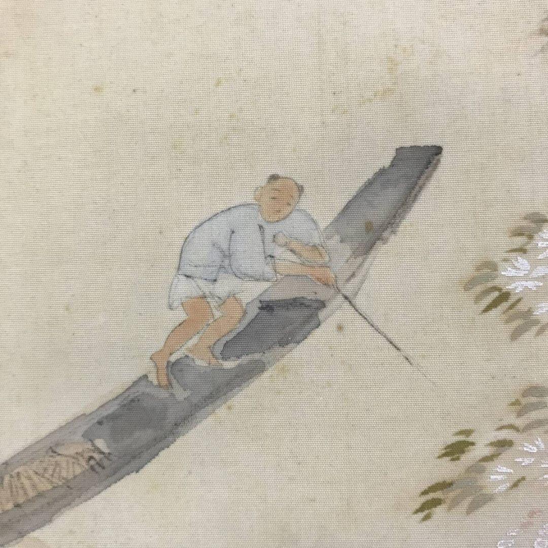 真作/橘田永芳/春江棹一舟図/山水図/春の掛軸/幅広/掛軸☆宝船☆AK-431