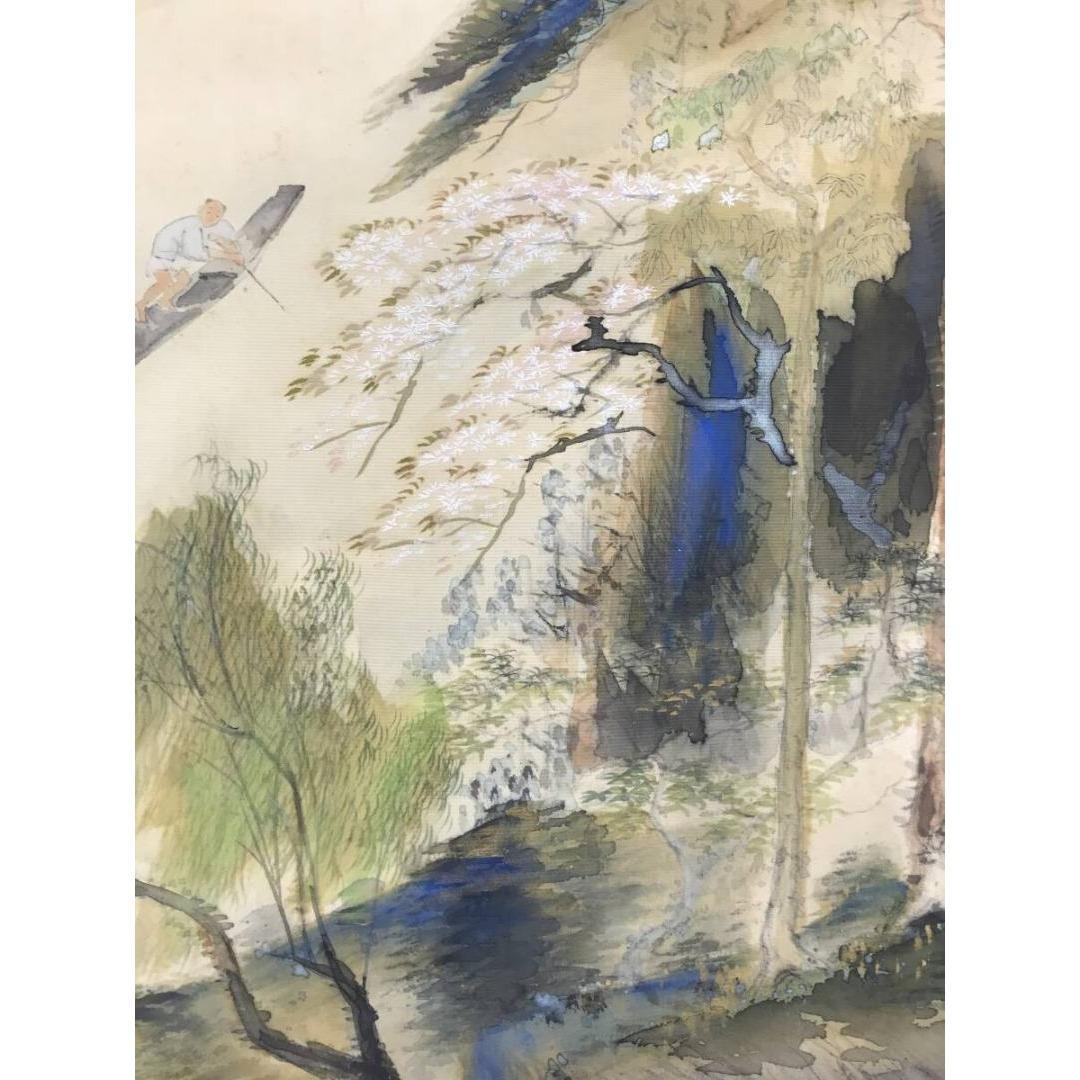 真作/橘田永芳/春江棹一舟図/山水図/春の掛軸/幅広/掛軸☆宝船☆AK-431